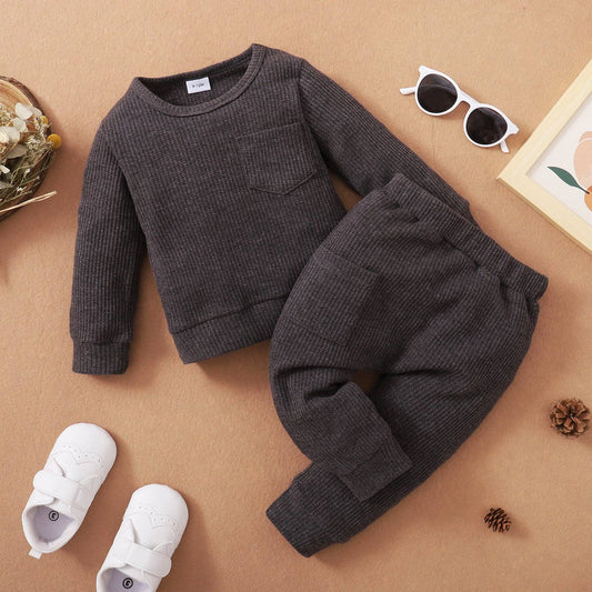 Cotton Waffle Long-sleeve Pullover Set